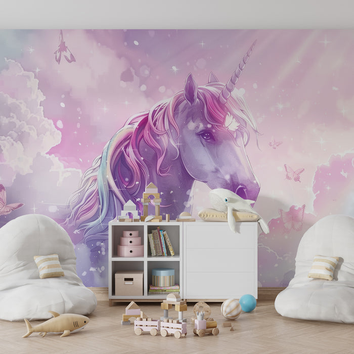 Papier peint chambre enfant | Licorne aux crins arc-en-ciel dans un ciel de nuages roses et papillons