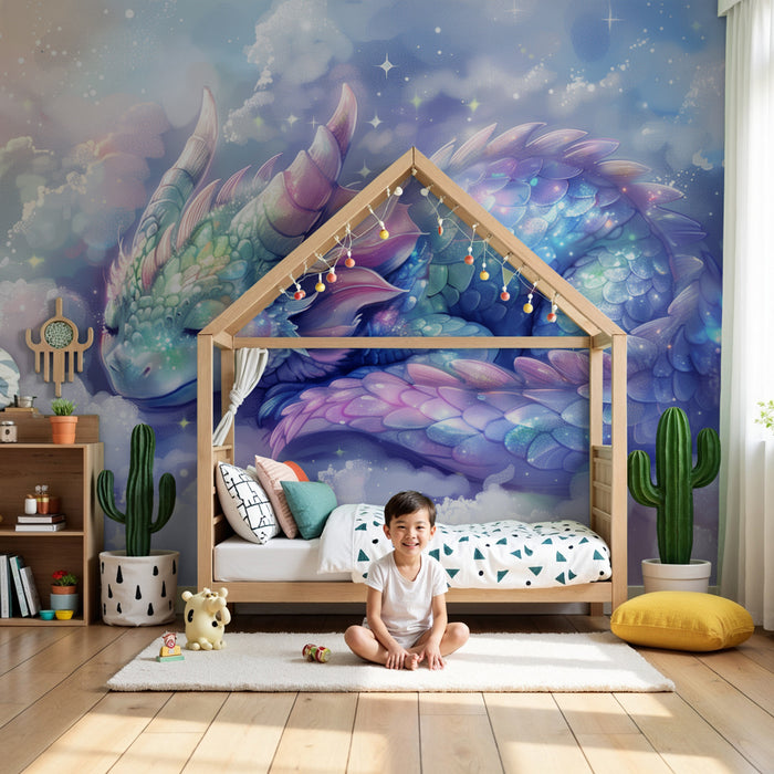 Papier peint chambre enfant | Petit dragon aux écailles magiques, endormi dans un monde féerique