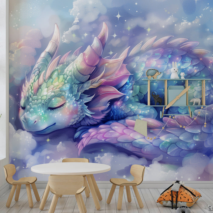 Papier peint chambre enfant | Petit dragon aux écailles magiques, endormi dans un monde féerique