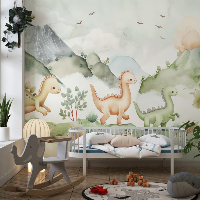 Papier peint chambre enfant | Petits dinosaures joyeux dans un paysage pastel de volcans et forêts
