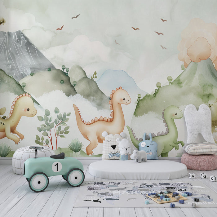Papier peint chambre enfant | Petits dinosaures joyeux dans un paysage pastel de volcans et forêts