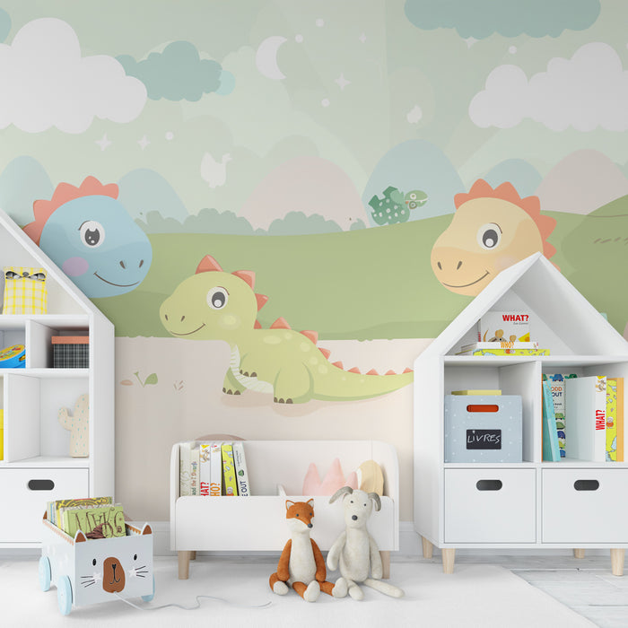 Papier peint chambre enfant | Petits dinosaures rigolos dans un paysage pastel enchanté