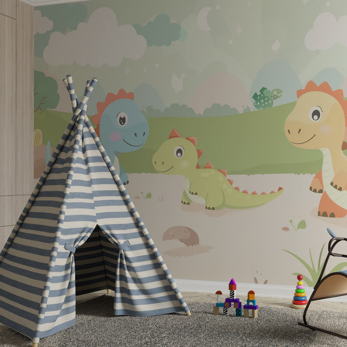 Papier peint chambre enfant | Petits dinosaures rigolos dans un paysage pastel enchanté