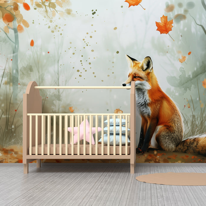 Papier peint chambre enfant | Renard majestueux dans la forêt d’automne aux feuilles dansantes