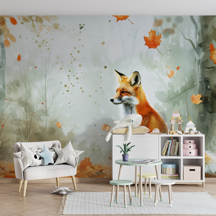 Papier peint chambre enfant | Renard majestueux dans la forêt d’automne aux feuilles dansantes