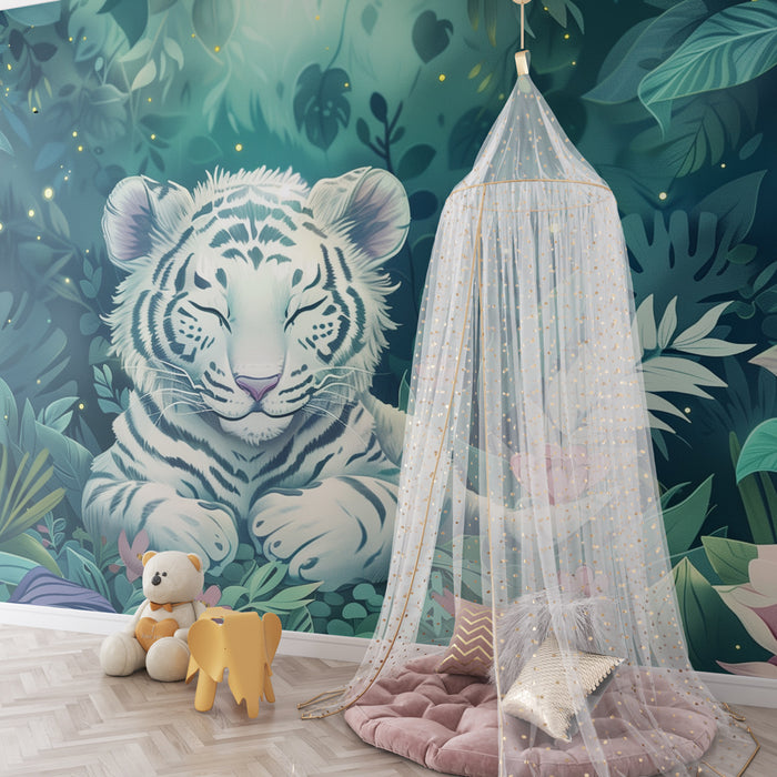 Papier peint chambre enfant | Tigre blanc apaisé dans une jungle lumineuse aux fleurs féeriques