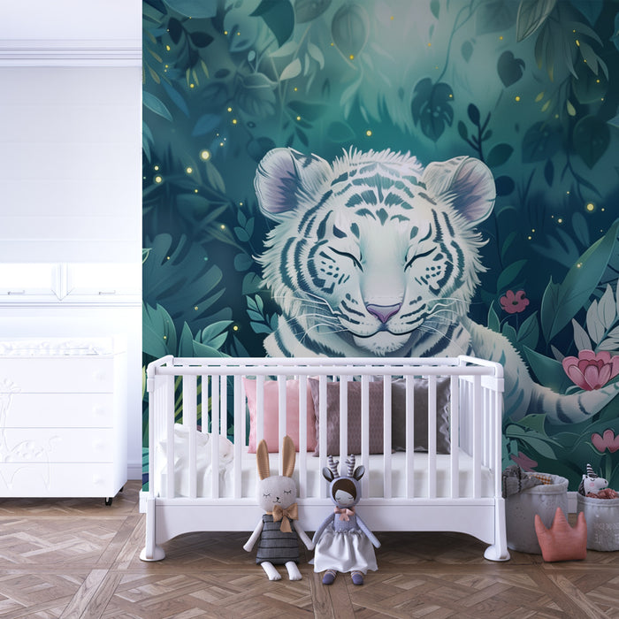 Papier peint chambre enfant | Tigre blanc apaisé dans une jungle lumineuse aux fleurs féeriques