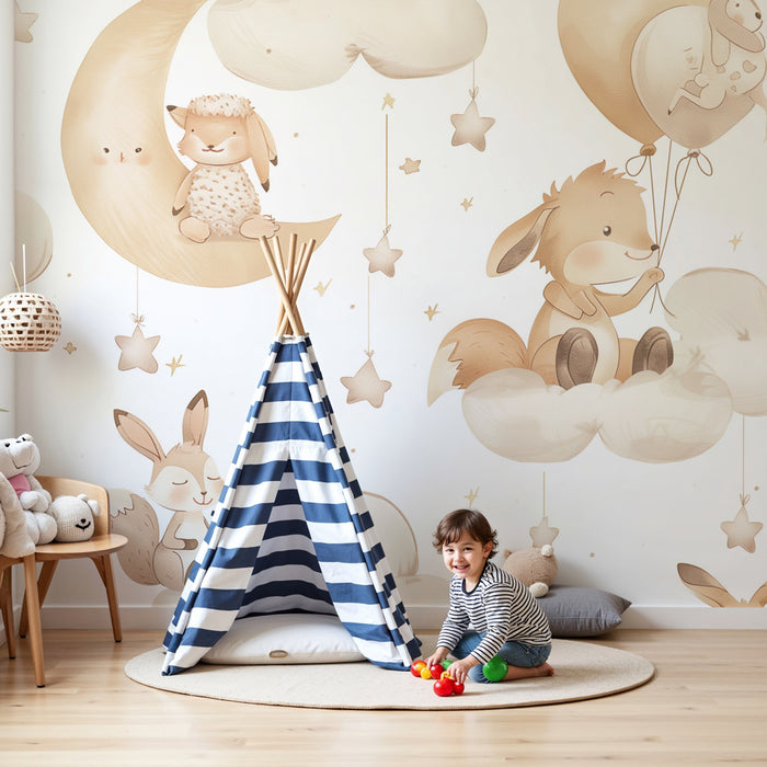 Papier peint chambre bébé | Animaux tendres sur nuages et étoiles, ambiance douce et apaisante