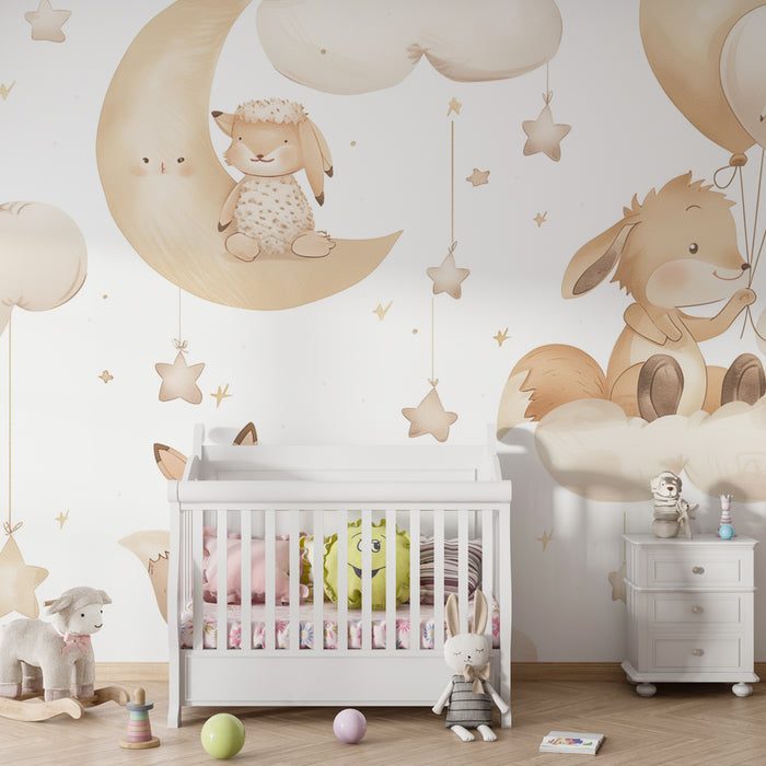 Papier peint chambre bébé | Animaux tendres sur nuages et étoiles, ambiance douce et apaisante