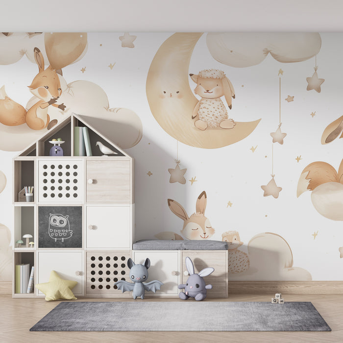 Papier peint chambre bébé | Animaux tendres sur nuages et étoiles, ambiance douce et apaisante