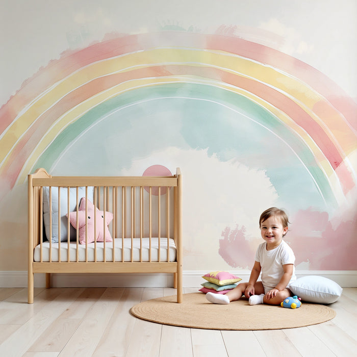 Papier peint chambre bébé | Arc-en-ciel aquarelle pastel avec soleil doux