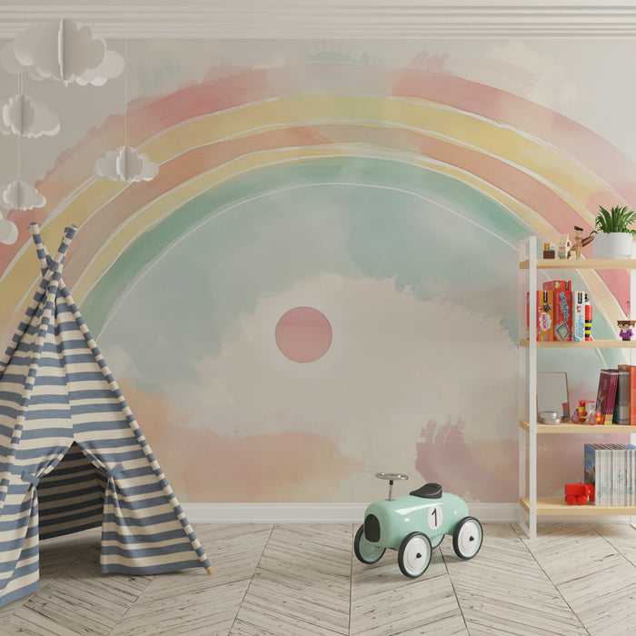 Papier peint chambre bébé | Arc-en-ciel aquarelle pastel avec soleil doux