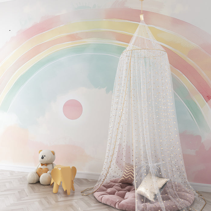 Papier peint chambre bébé | Arc-en-ciel aquarelle pastel avec soleil doux