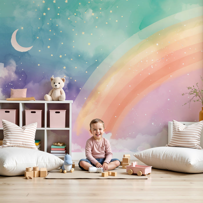 Papier peint chambre bébé | Arc-en-ciel féerique avec lune et étoiles dans un ciel pastel