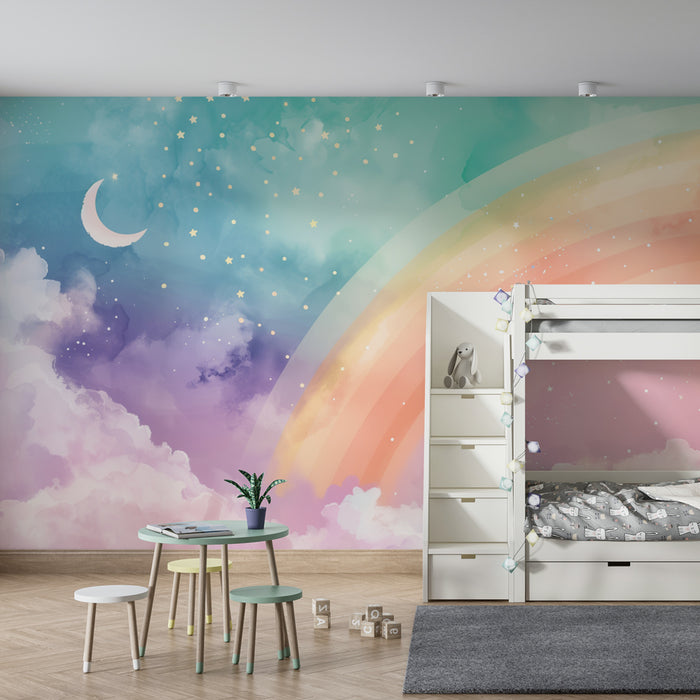 Papier peint chambre bébé | Arc-en-ciel féerique avec lune et étoiles dans un ciel pastel