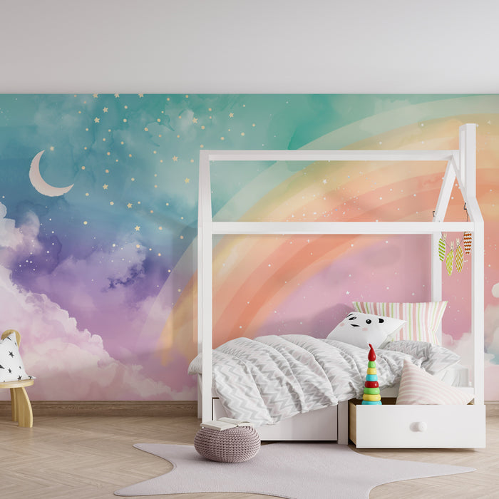 Papier peint chambre bébé | Arc-en-ciel féerique avec lune et étoiles dans un ciel pastel