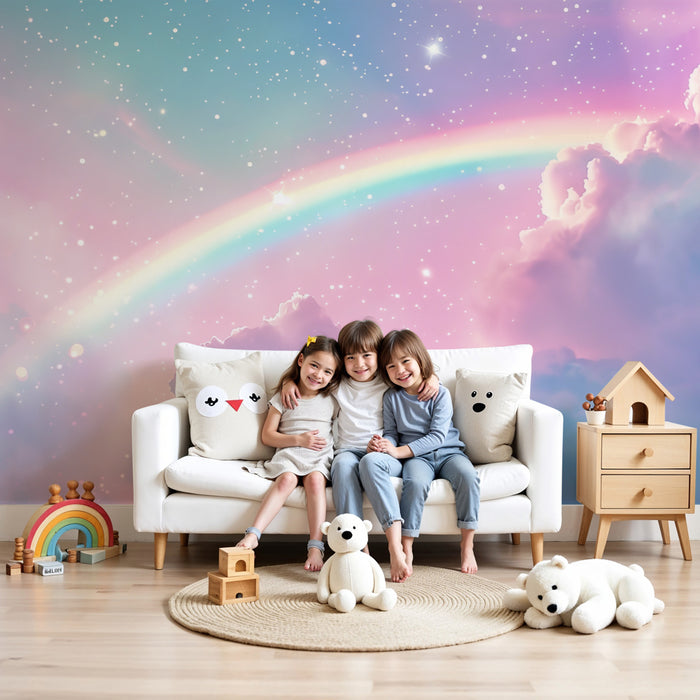 Papier peint chambre bébé | Arc-en-ciel magique et nuages étoilés dans un ciel de rêve