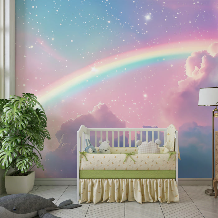 Papier peint chambre bébé | Arc-en-ciel magique et nuages étoilés dans un ciel de rêve