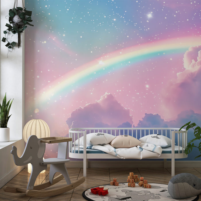 Papier peint chambre bébé | Arc-en-ciel magique et nuages étoilés dans un ciel de rêve