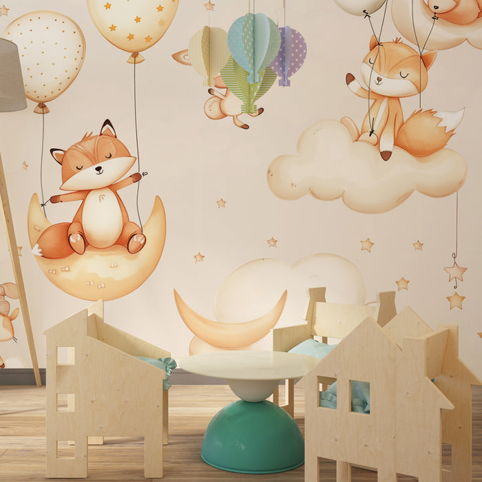 Papier peint chambre bébé | Renards et lapins dans un ciel onirique, douceur et poésie