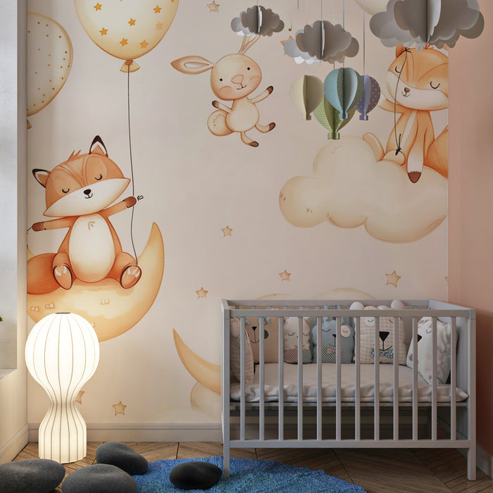 Papier peint chambre bébé | Renards et lapins dans un ciel onirique, douceur et poésie
