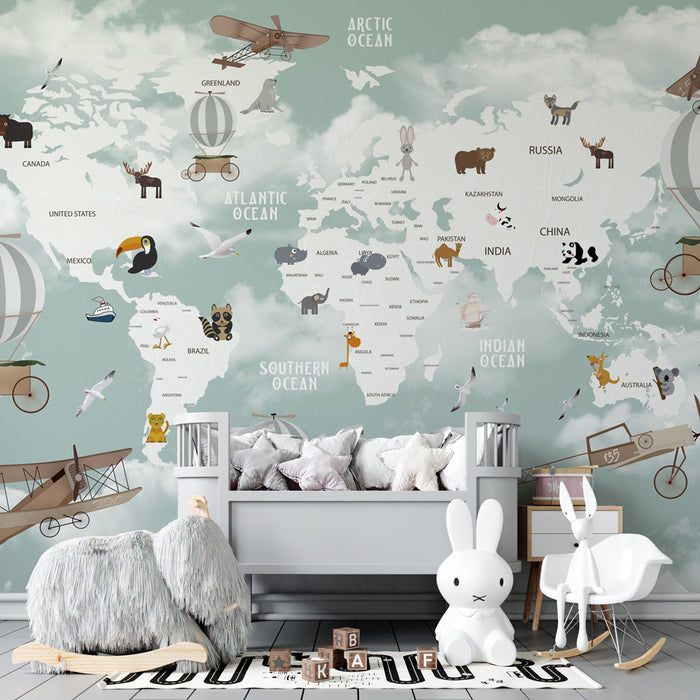 Papier peint chambre enfant | Carte du monde aérienne avec animaux, montgolfières et avions rétro