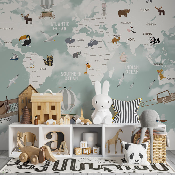 Papier peint chambre enfant | Carte du monde aérienne avec animaux, montgolfières et avions rétro