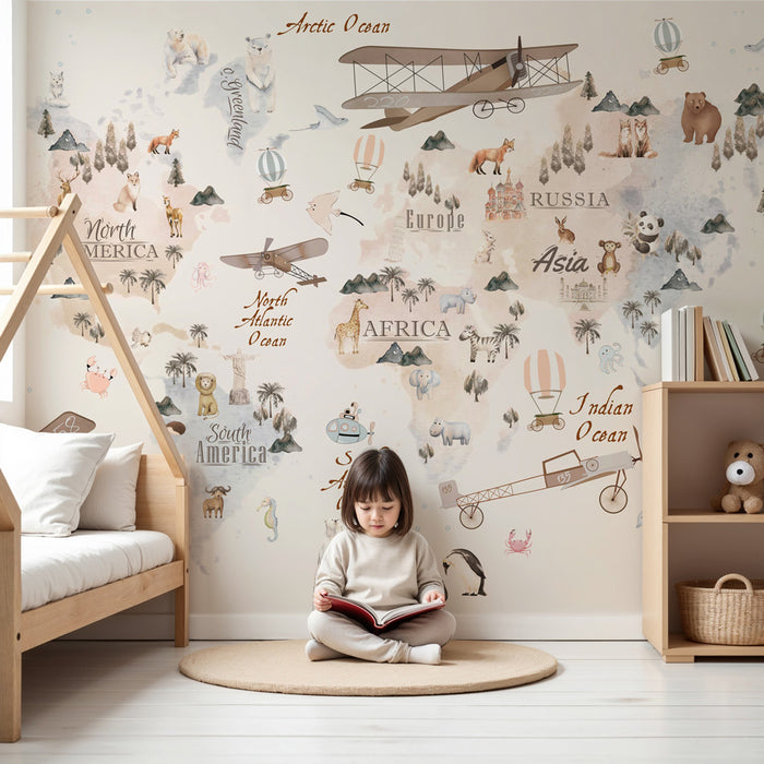 Papier peint chambre enfant | Carte du monde vintage avec animaux, avions et montgolfières