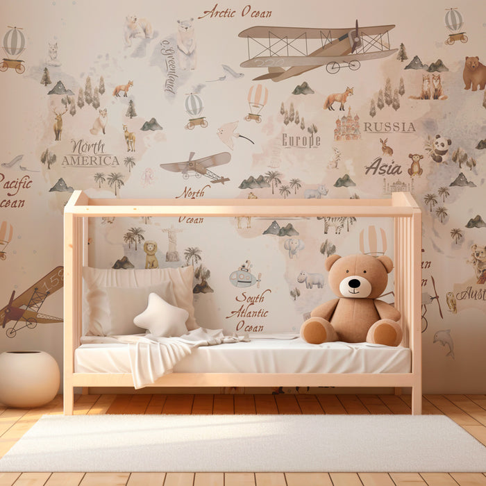 Papier peint chambre enfant | Carte du monde vintage avec animaux, avions et montgolfières
