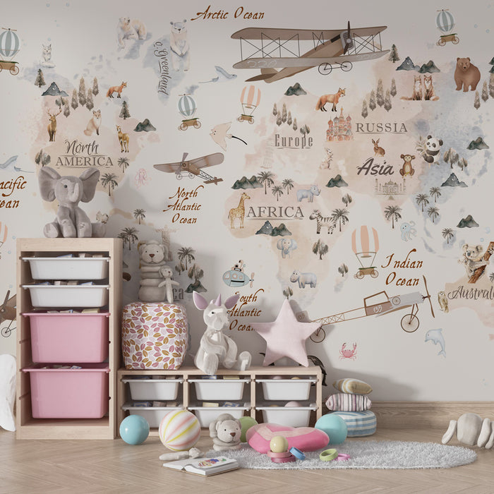 Papier peint chambre enfant | Carte du monde vintage avec animaux, avions et montgolfières