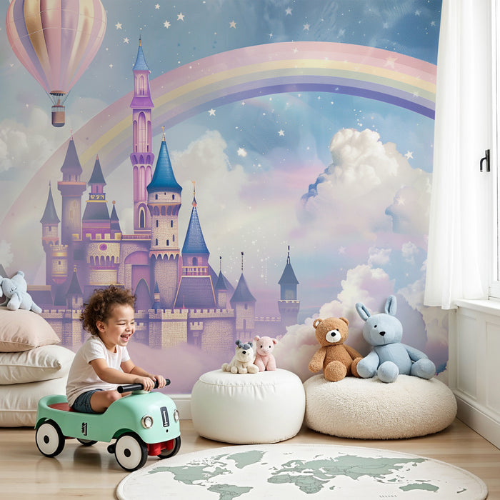 Papier peint chambre enfant | Château féerique dans les nuages avec arc-en-ciel enchanté