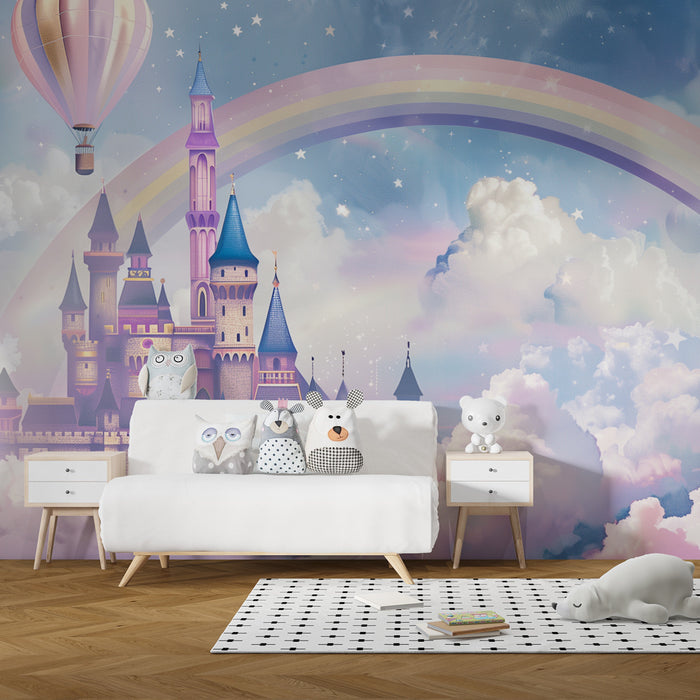 Papier peint chambre enfant | Château féerique dans les nuages avec arc-en-ciel enchanté