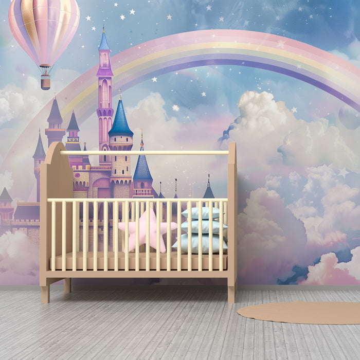 Papier peint chambre enfant | Château féerique dans les nuages avec arc-en-ciel enchanté