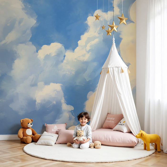 Papier peint chambre enfant | Ciel onirique avec nuages duveteux et tons apaisants