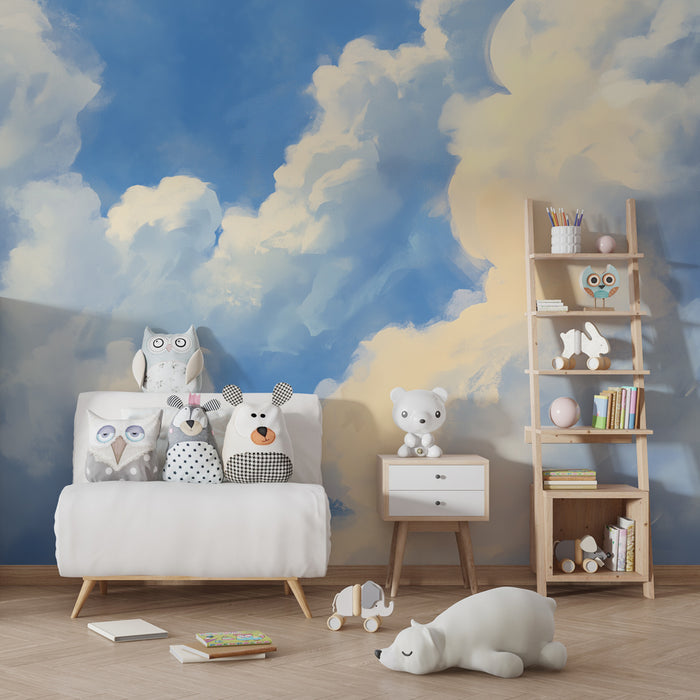 Papier peint chambre enfant | Ciel onirique avec nuages duveteux et tons apaisants