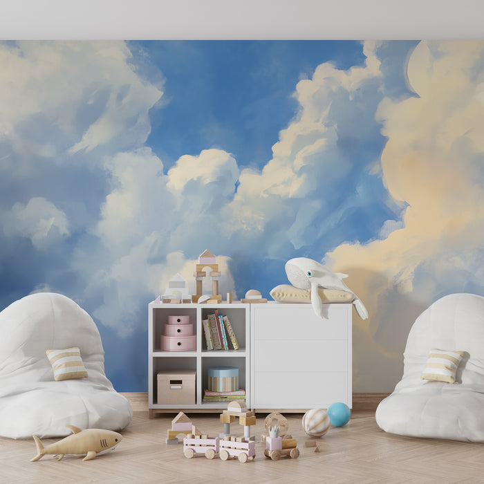 Papier peint chambre enfant | Ciel onirique avec nuages duveteux et tons apaisants
