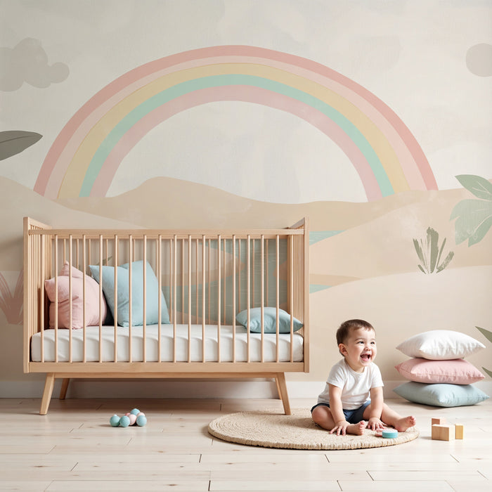 Papier peint chambre enfant | Paysage pastel avec arc-en-ciel et désert enchanté