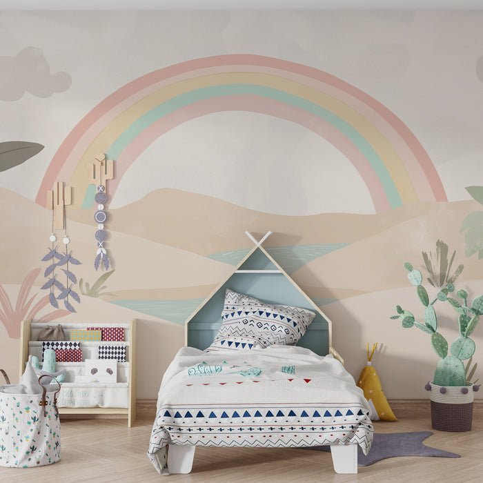 Papier peint chambre enfant | Paysage pastel avec arc-en-ciel et désert enchanté