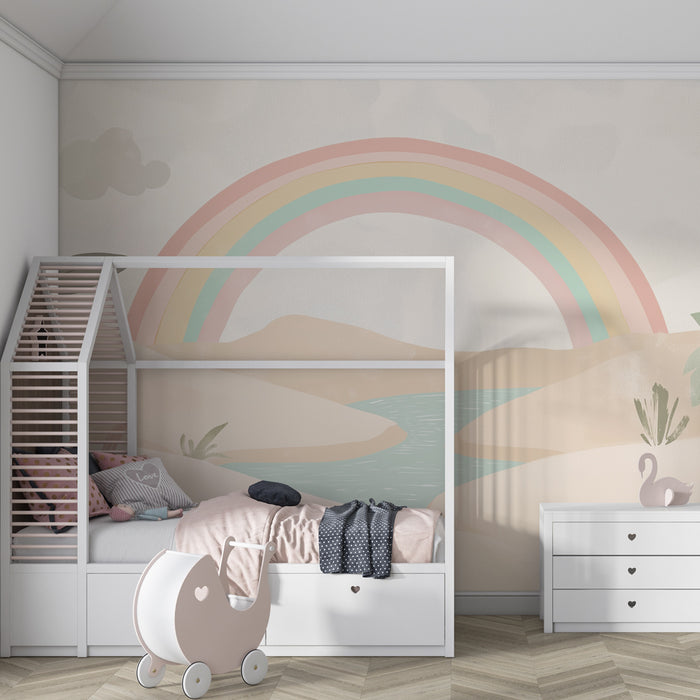 Papier peint chambre enfant | Paysage pastel avec arc-en-ciel et désert enchanté