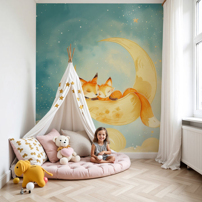 Papier peint chambre enfant | Renards endormis sur un croissant de lune, ciel étoilé et nuages doux