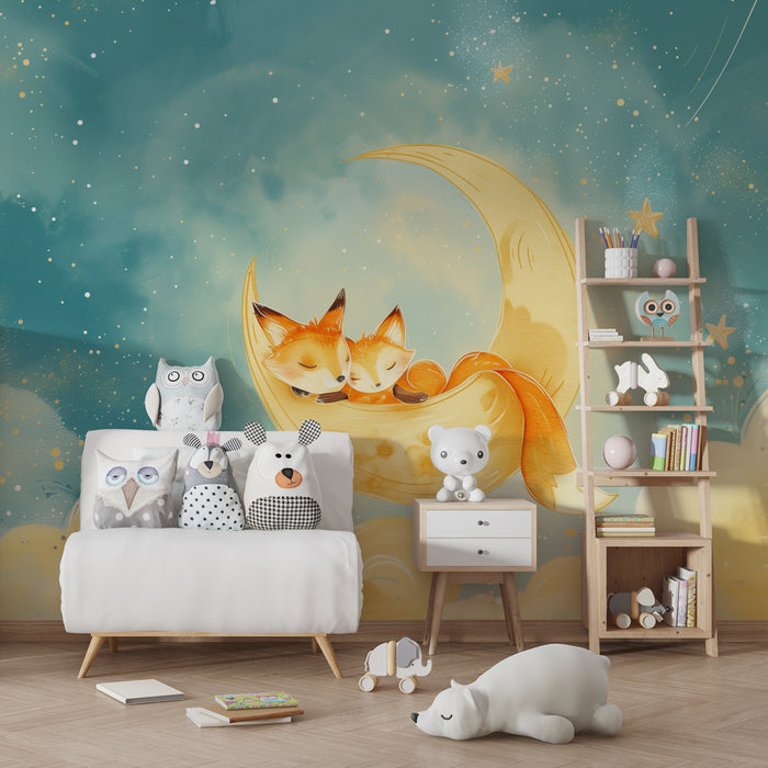 Papier peint chambre enfant | Renards endormis sur un croissant de lune, ciel étoilé et nuages doux