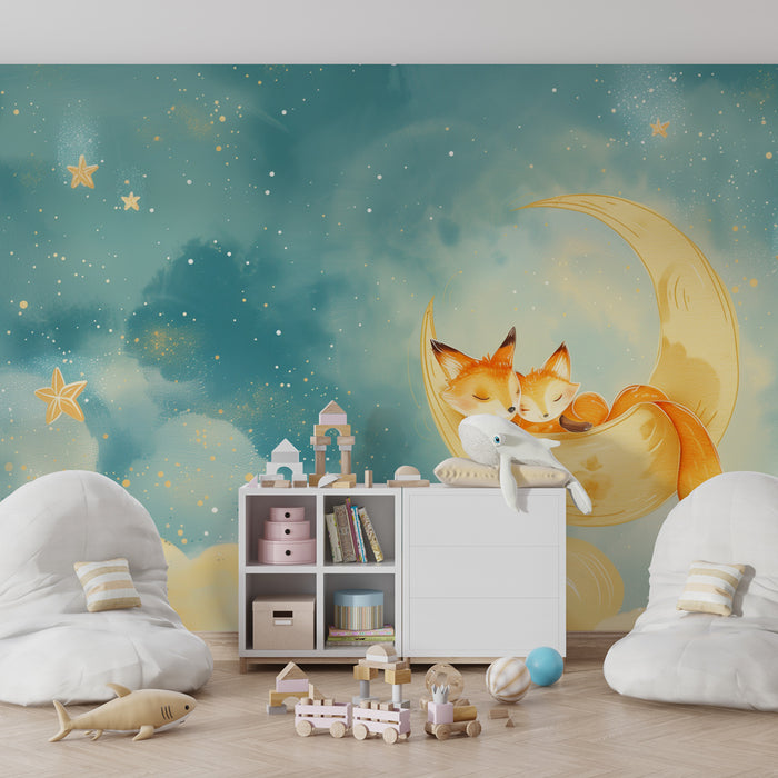 Papier peint chambre enfant | Renards endormis sur un croissant de lune, ciel étoilé et nuages doux