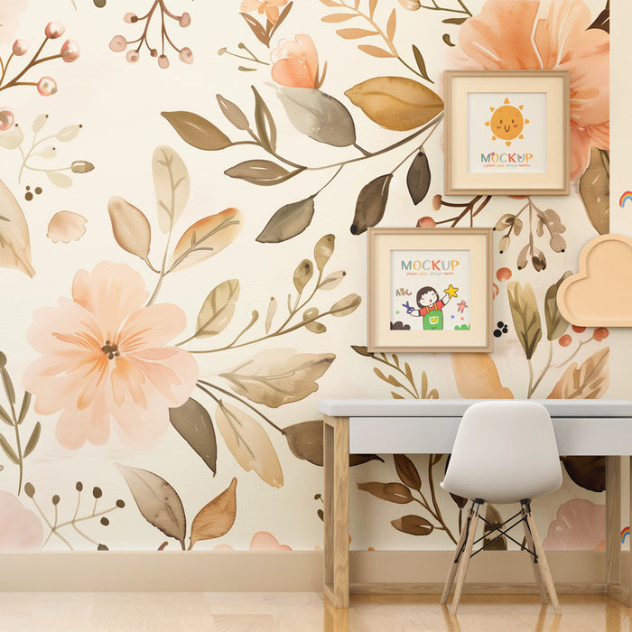 Papier peint chambre enfant | Fleurs délicates et feuillage pastel