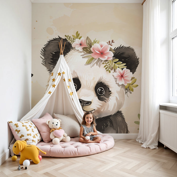Papier peint chambre bébé | Panda fleuri et papillons enchantés