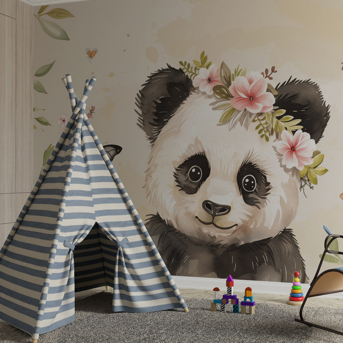 Papier peint chambre bébé | Panda fleuri et papillons enchantés