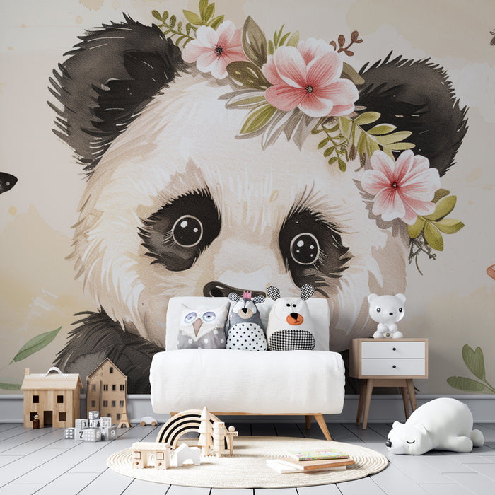 Papier peint chambre bébé | Panda fleuri et papillons enchantés