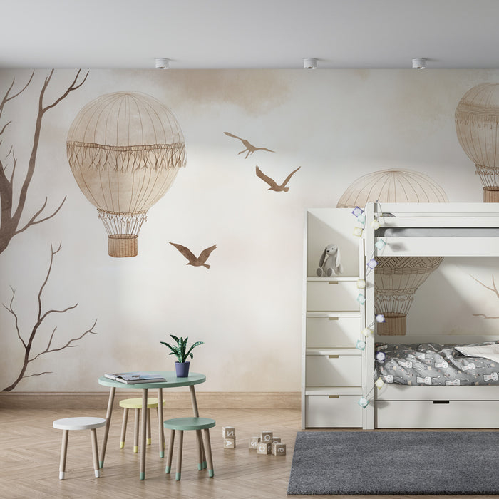 Papier peint chambre bébé | Montgolfières vintage et oiseaux en vol poétique