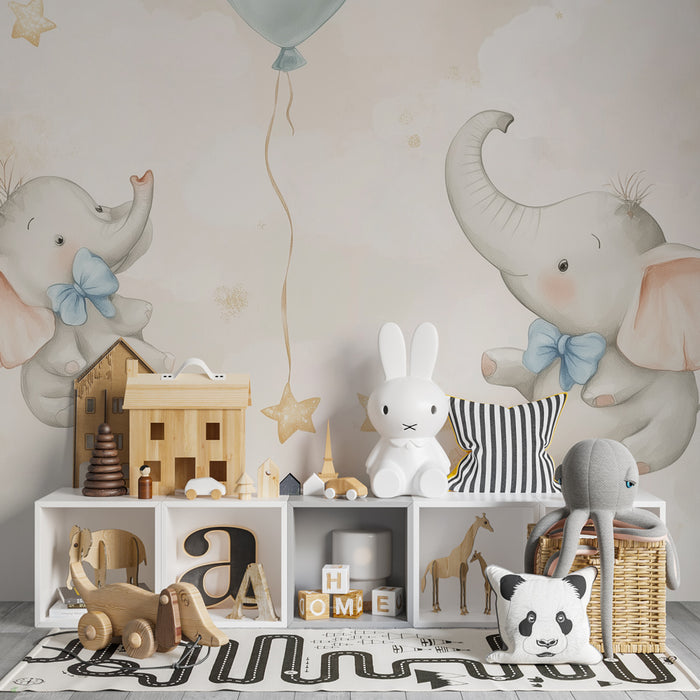 Papier peint chambre bébé | Éléphants rêveurs et ballons pastel flottants
