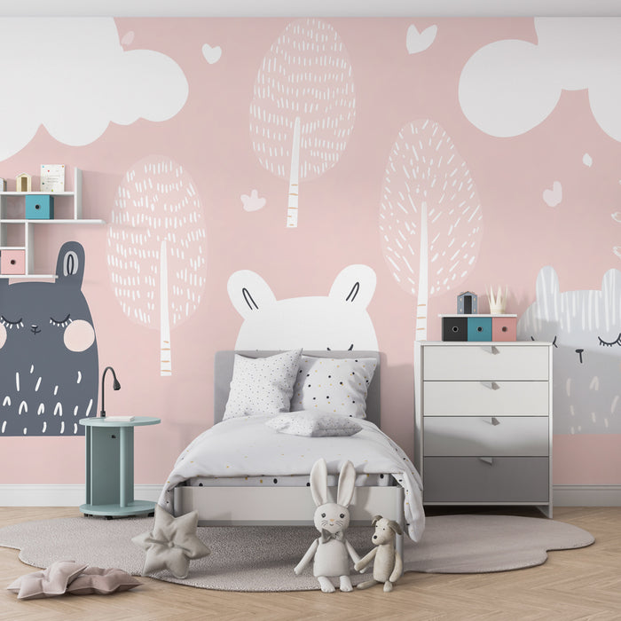Papier peint chambre bébé | Douce rêverie avec animaux et arbres pastel