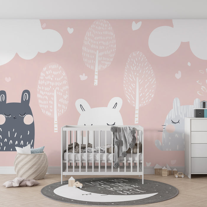 Papier peint chambre bébé | Douce rêverie avec animaux et arbres pastel